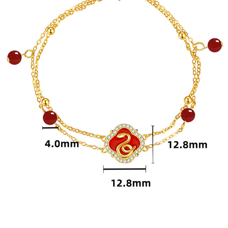 Red Agate Sterling Silver Snake Luck Bracelet
