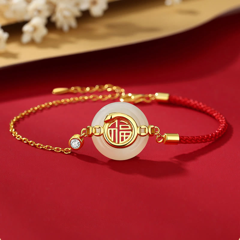 Hetian Jade Peace Buckle Red String Bracelet