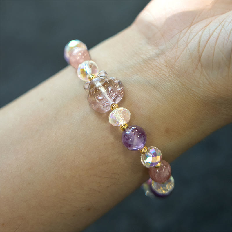 Amethyst Strawberry Quartz White Crystal Nine-Tailed Fox Protection Bracelet
