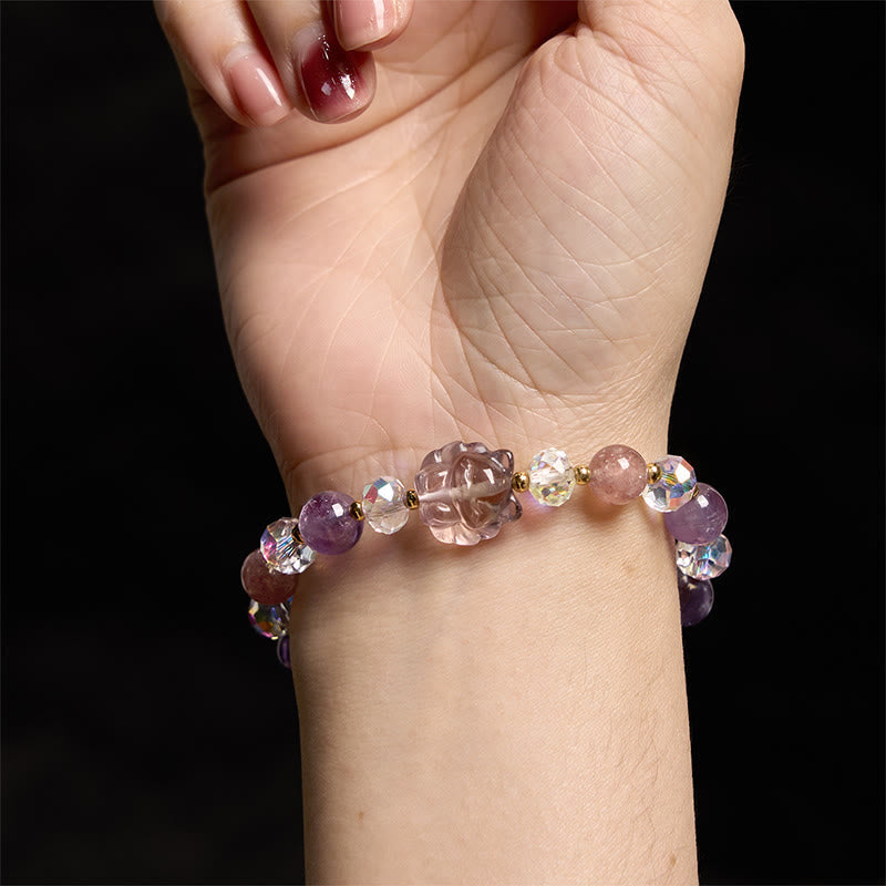 Amethyst Strawberry Quartz White Crystal Nine-Tailed Fox Protection Bracelet