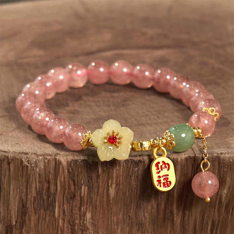 8mm Strawberry Quartz Blessing Bracelet with Fu Character