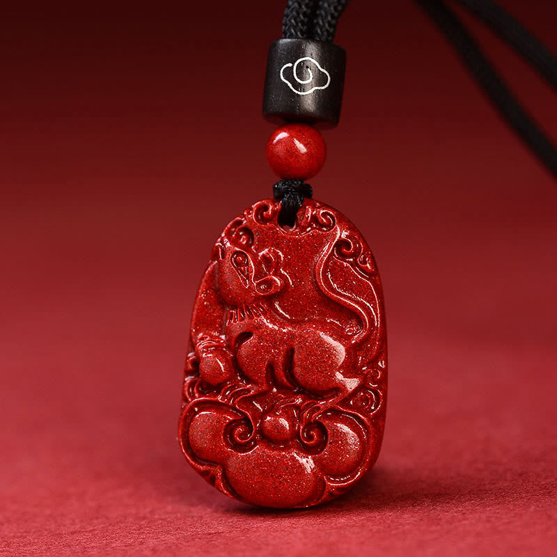 Unisex Chinese Zodiac Cinnabar Pendant Necklace on Black Rope