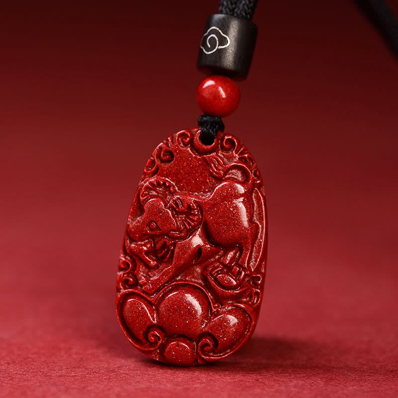 Unisex Chinese Zodiac Cinnabar Pendant Necklace on Black Rope