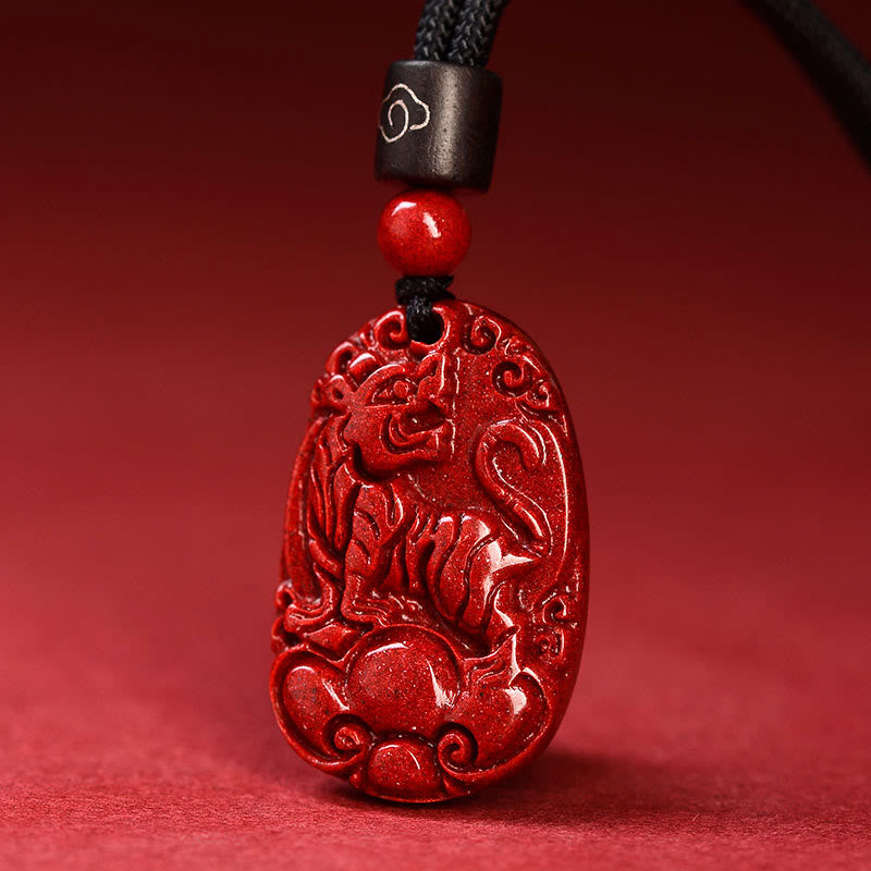 Unisex Chinese Zodiac Cinnabar Pendant Necklace on Black Rope