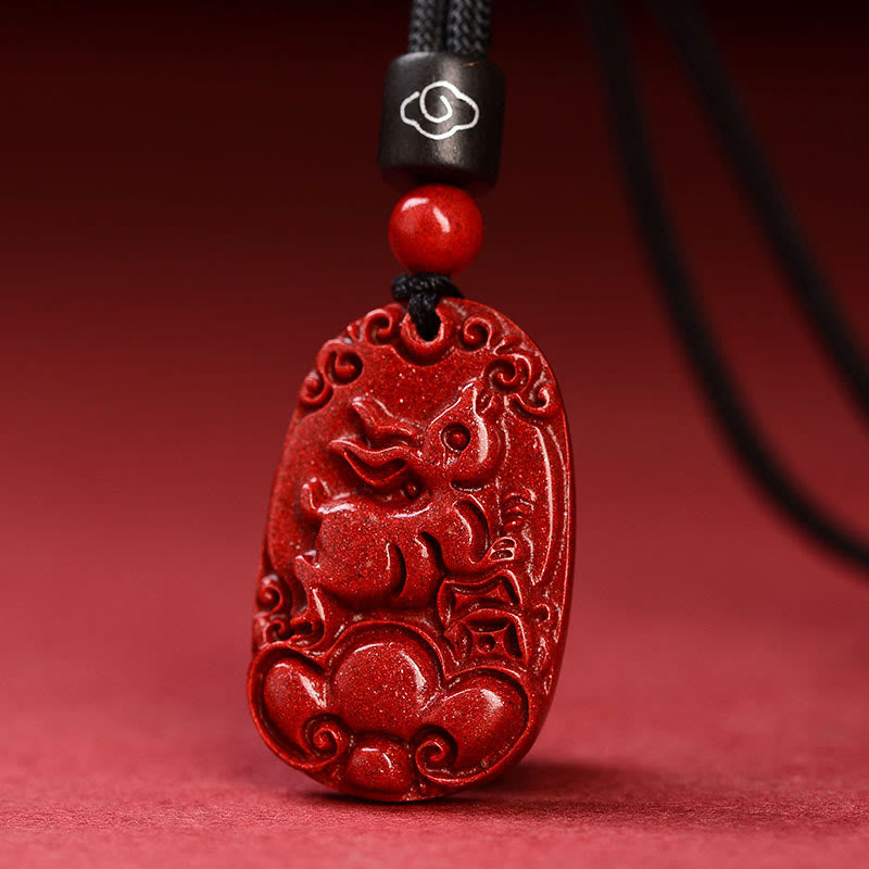 Unisex Chinese Zodiac Cinnabar Pendant Necklace on Black Rope