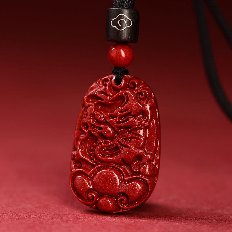 Unisex Chinese Zodiac Cinnabar Pendant Necklace on Black Rope