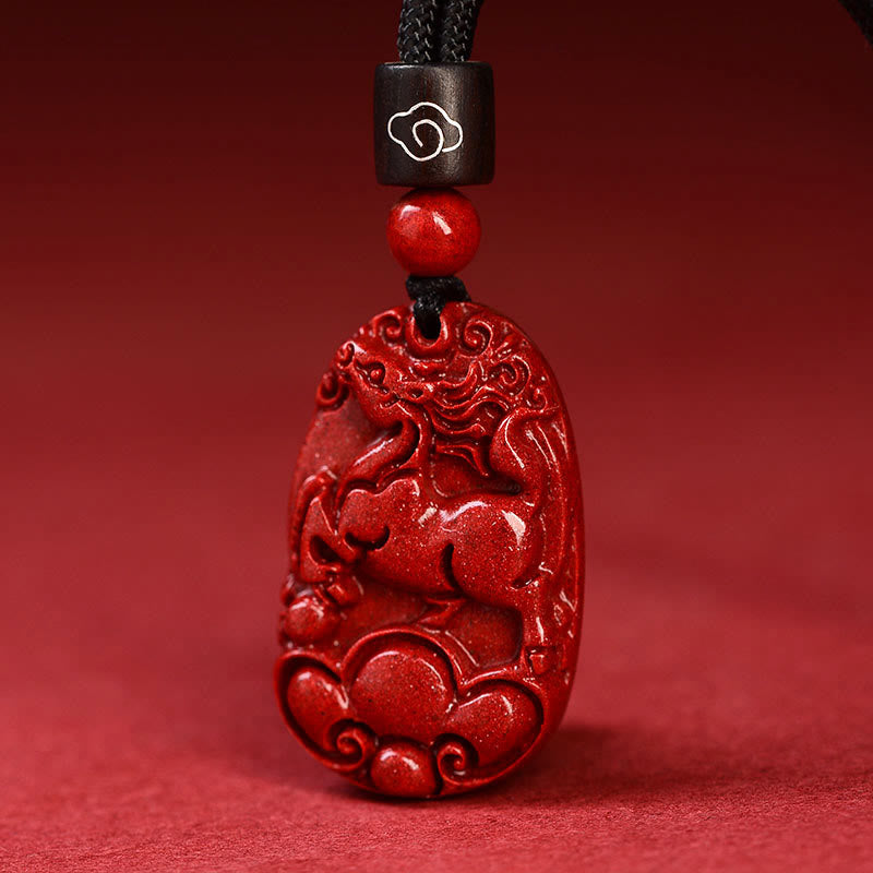 Unisex Chinese Zodiac Cinnabar Pendant Necklace on Black Rope