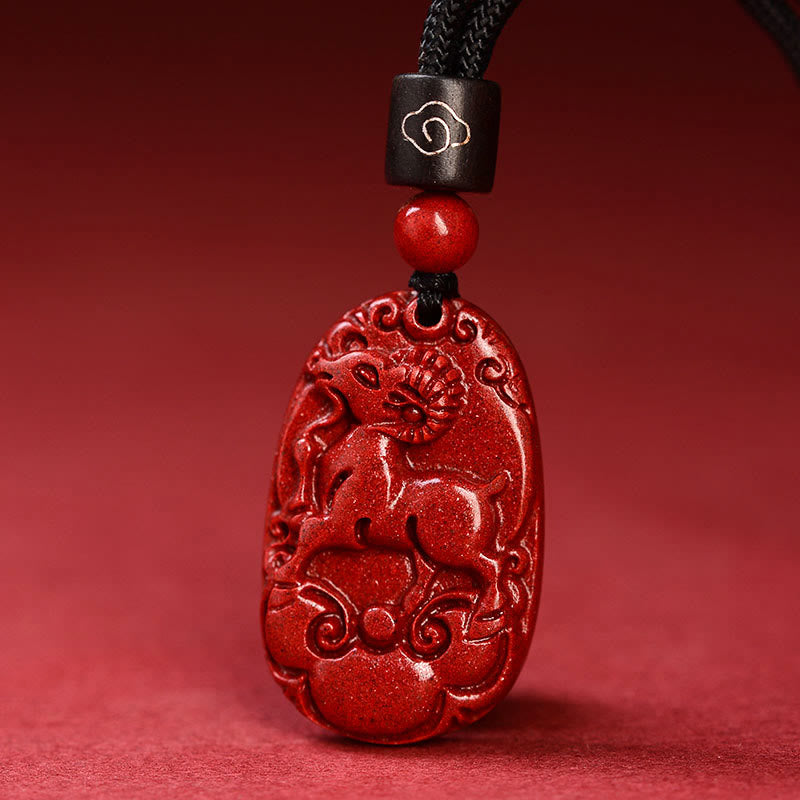 Unisex Chinese Zodiac Cinnabar Pendant Necklace on Black Rope