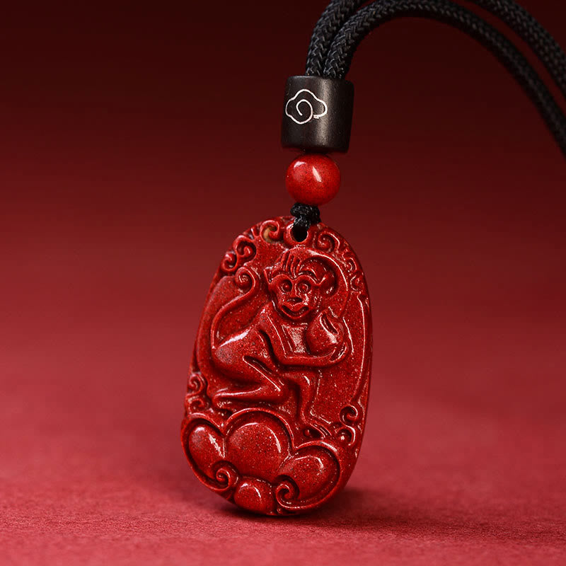 Unisex Chinese Zodiac Cinnabar Pendant Necklace on Black Rope