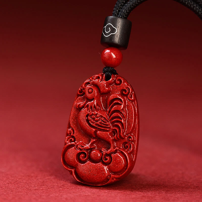 Unisex Chinese Zodiac Cinnabar Pendant Necklace on Black Rope