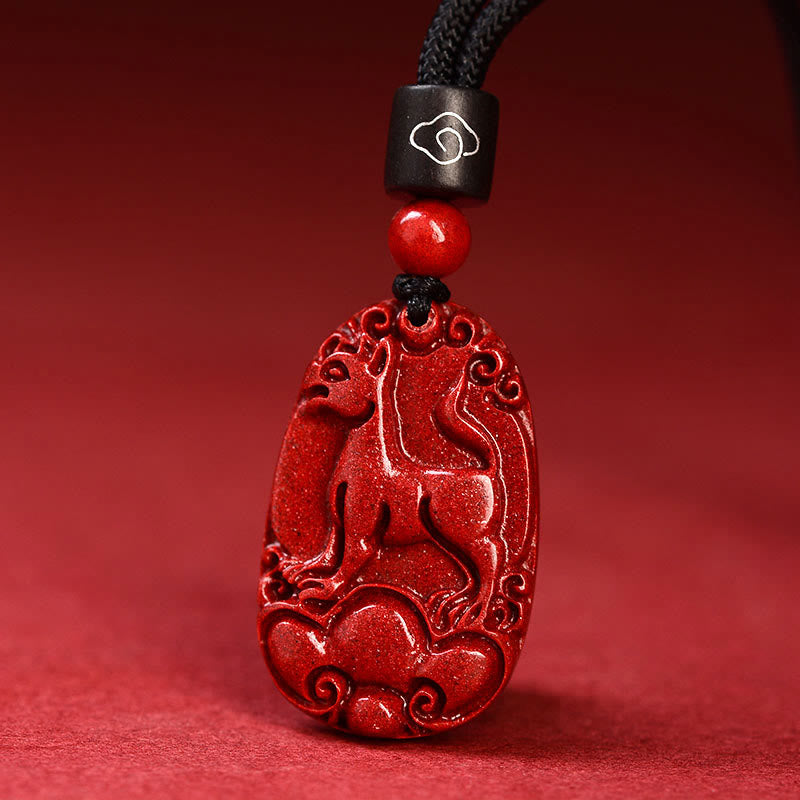 Unisex Chinese Zodiac Cinnabar Pendant Necklace on Black Rope