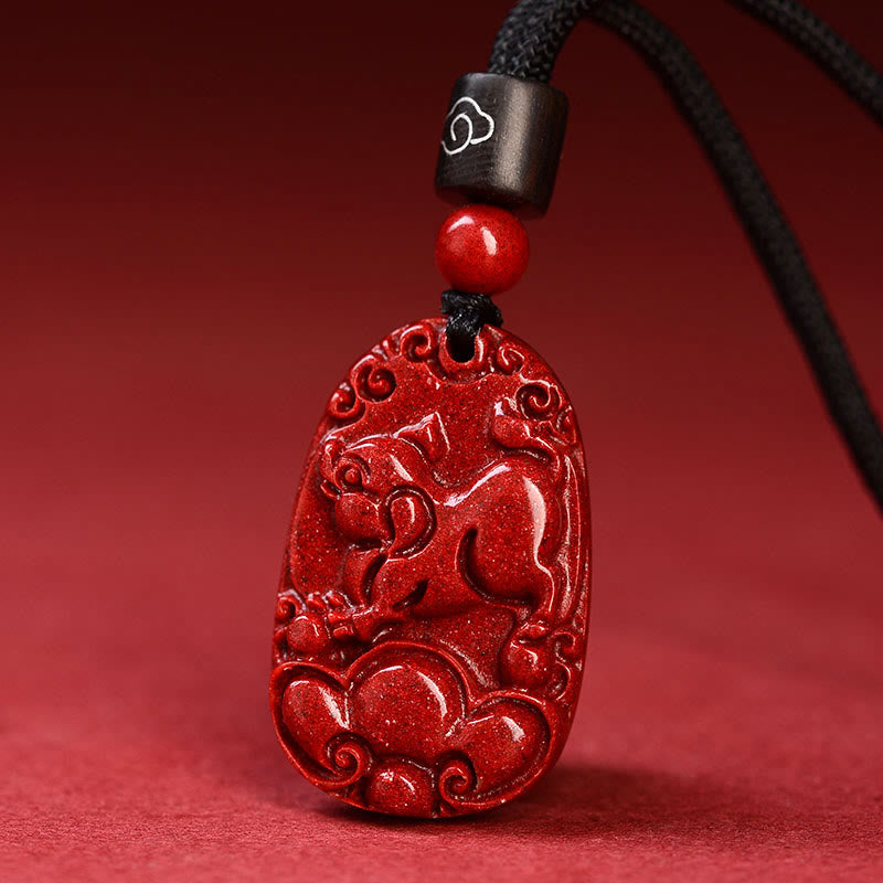 Unisex Chinese Zodiac Cinnabar Pendant Necklace on Black Rope