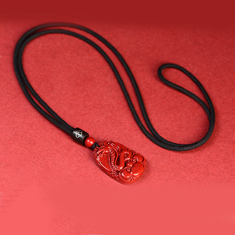 Unisex Chinese Zodiac Cinnabar Pendant Necklace on Black Rope
