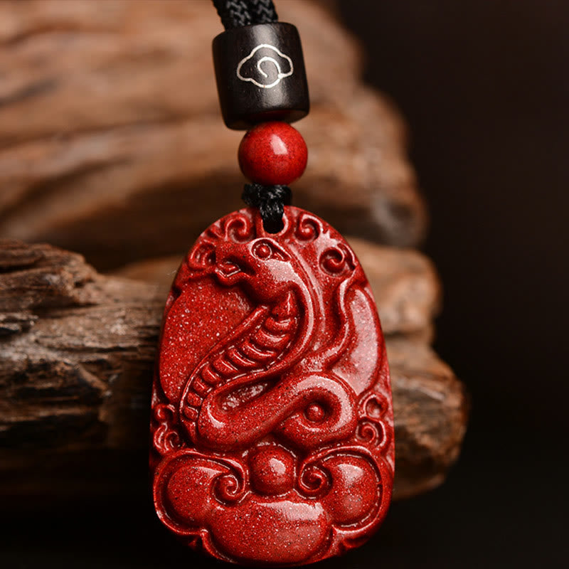 Unisex Chinese Zodiac Cinnabar Pendant Necklace on Black Rope