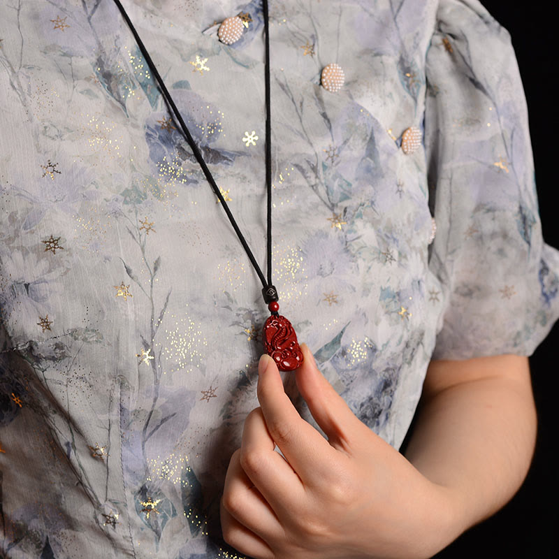Unisex Chinese Zodiac Cinnabar Pendant Necklace on Black Rope