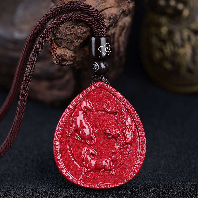 Cinnabar Chinese Zodiac Necklace with Blessing Pendant