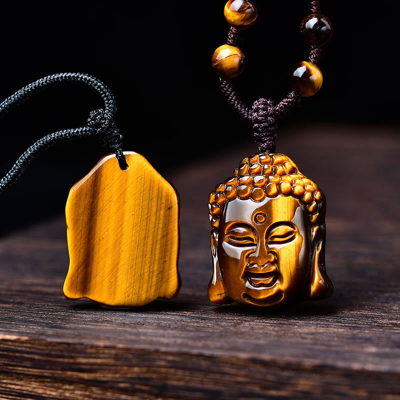 Tiger Eye Buddha Head Courage Necklace Pendant