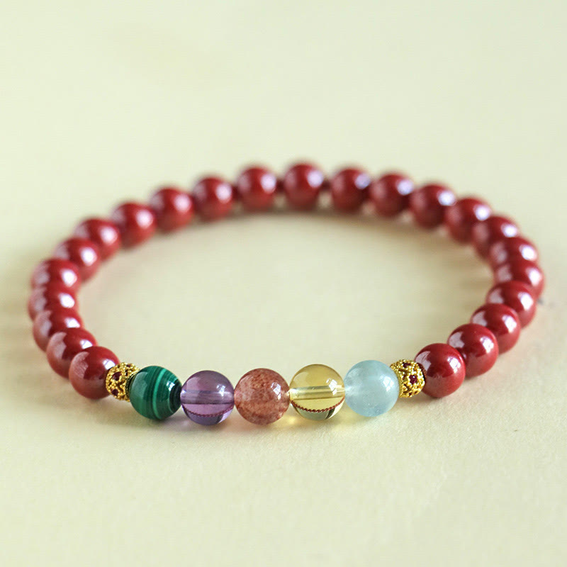 6mm Cinnabar Blessing Bracelet with Aquamarine & Amethyst