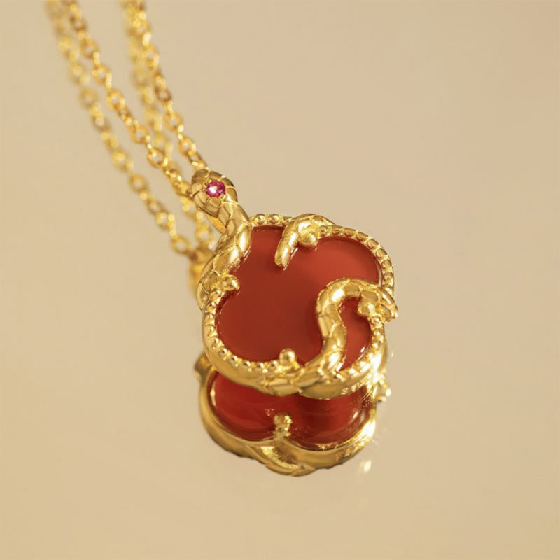 925 Sterling Silver Red Agate Snake Year Blessing Necklace