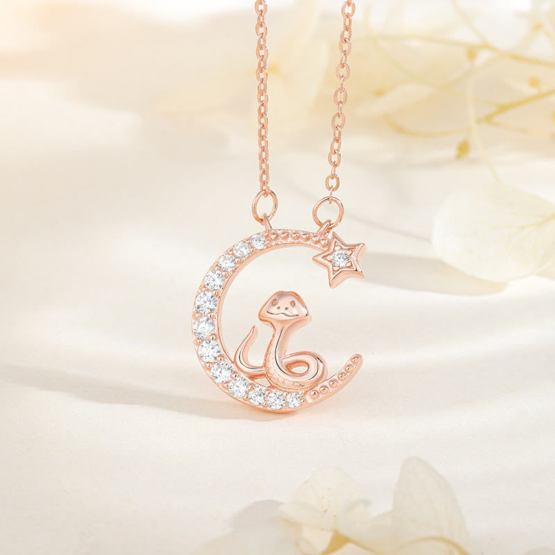 Sterling Silver Moon Snake Pendant with Zirconia for Blessing