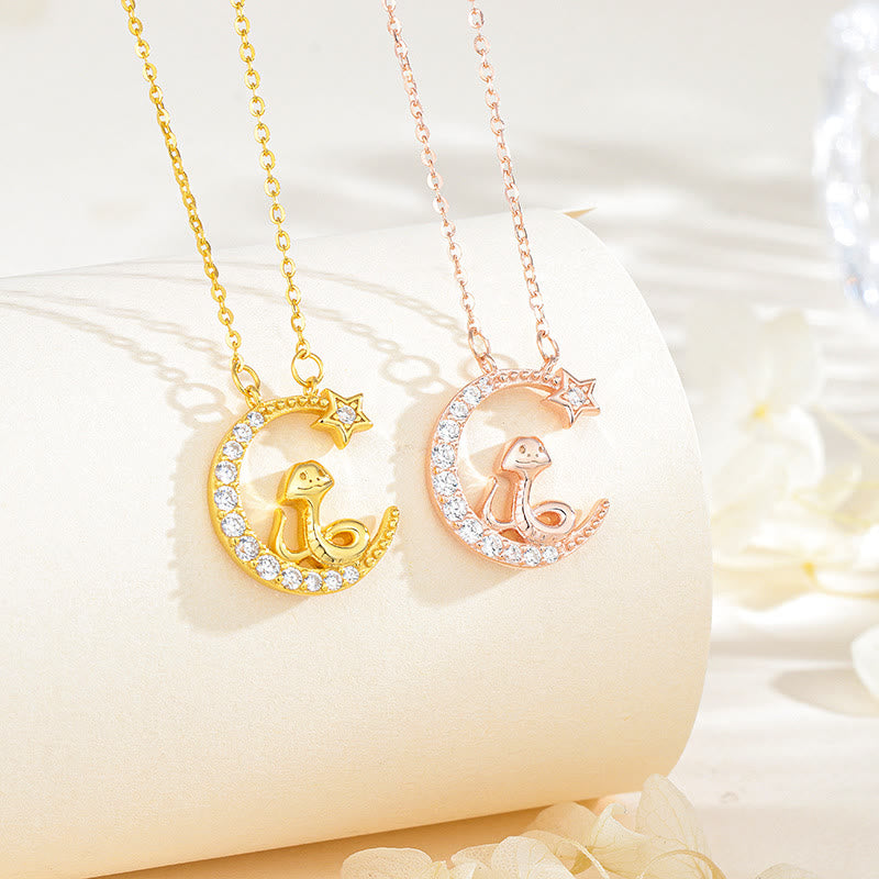 Sterling Silver Moon Snake Pendant with Zirconia for Blessing