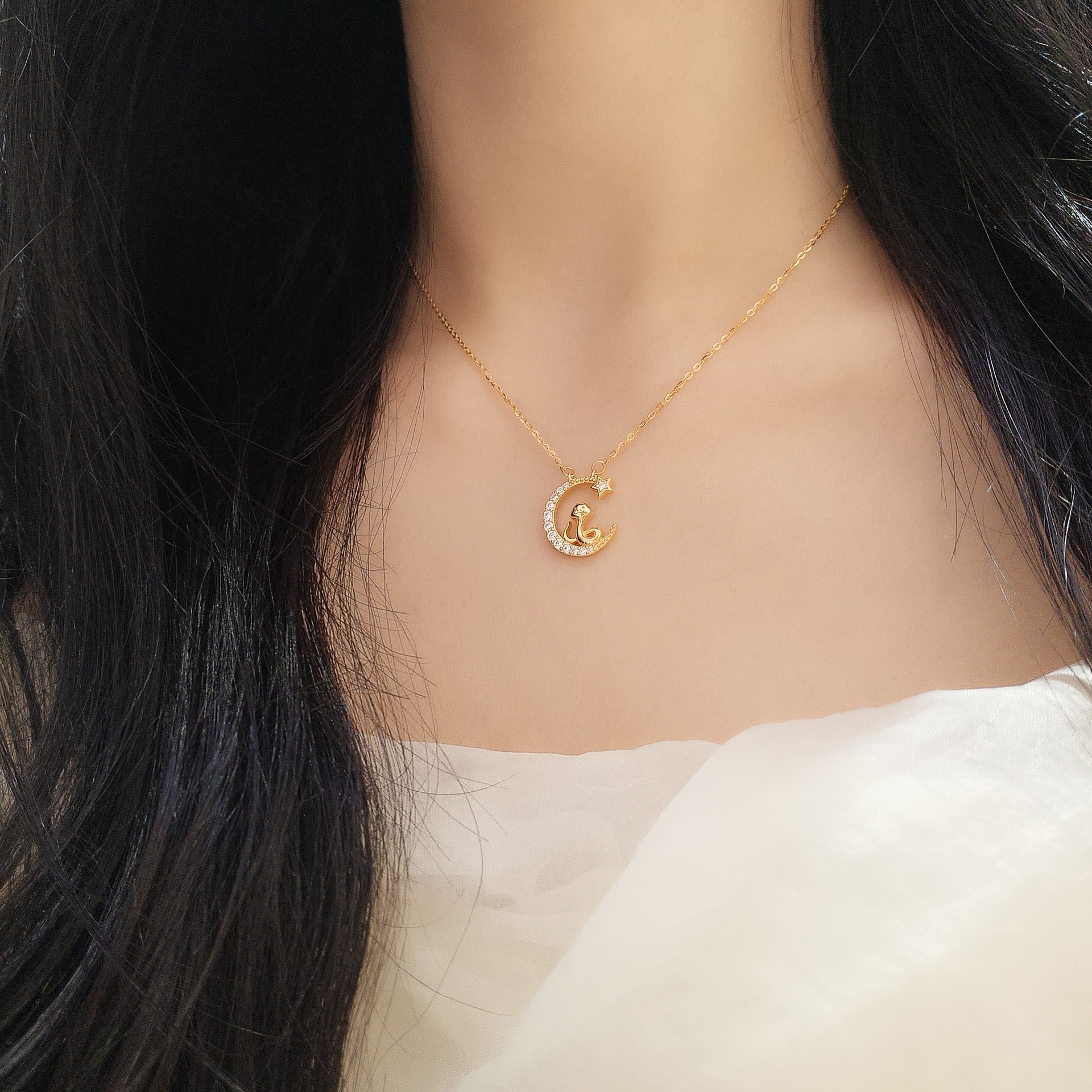 Sterling Silver Moon Snake Pendant with Zirconia for Blessing