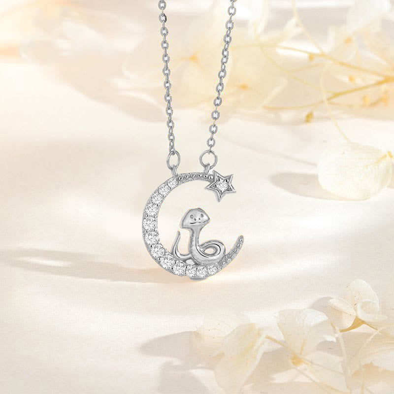 Sterling Silver Moon Snake Pendant with Zirconia for Blessing