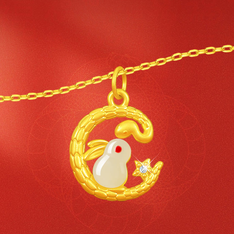 999 Gold Snake Around Rabbit Jade Necklace for Luck & Protection