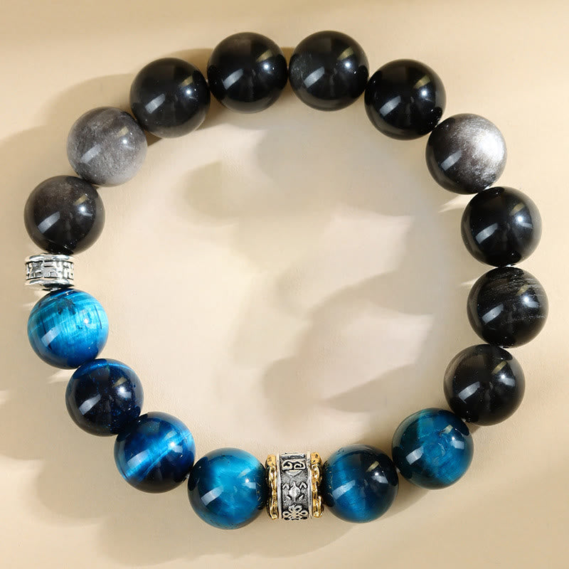 Blue Tiger Eye & Silver Sheen Obsidian Bracelet 12mm