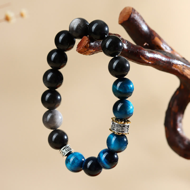 Blue Tiger Eye & Silver Sheen Obsidian Bracelet 12mm