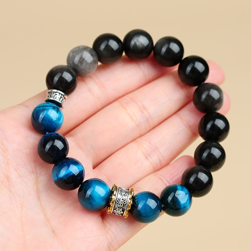 Blue Tiger Eye & Silver Sheen Obsidian Bracelet 12mm