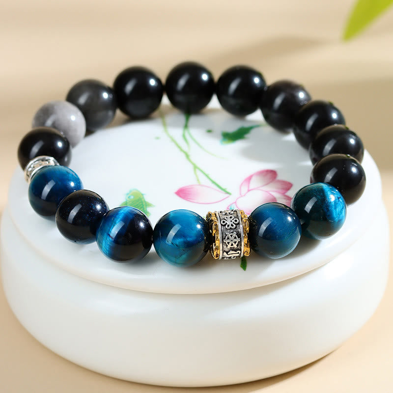 Blue Tiger Eye & Silver Sheen Obsidian Bracelet 12mm