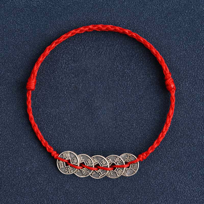 Red String Five Emperor Coins Protection Bracelet 925 Silver