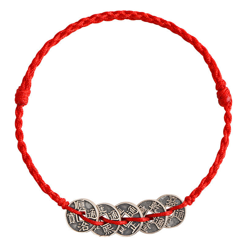 Red String Five Emperor Coins Protection Bracelet 925 Silver