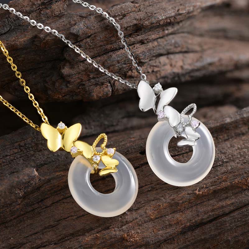 925 Silver Butterfly Chalcedony Pendant Necklace