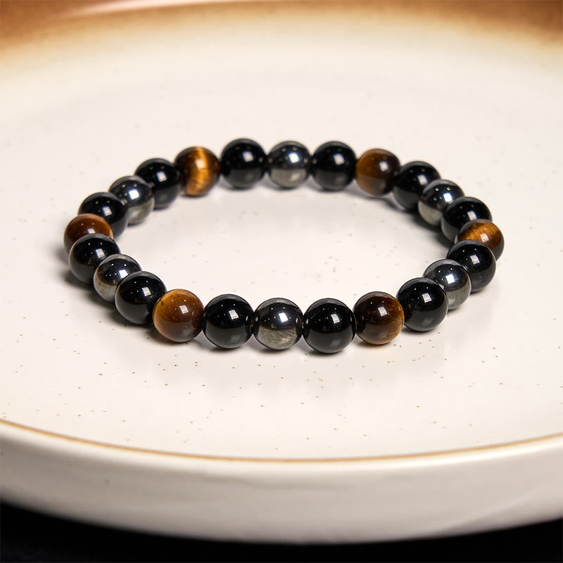 8mm Yellow Tiger Eye Obsidian Hematite Bracelet for Men