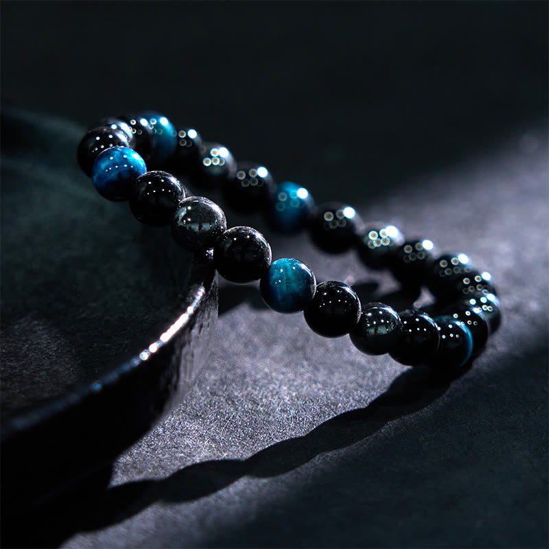Men's 8mm Tiger Eye Obsidian Hematite Bracelet for Protection