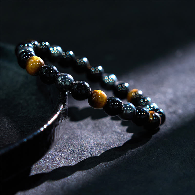 Men's 8mm Tiger Eye Obsidian Hematite Bracelet for Protection