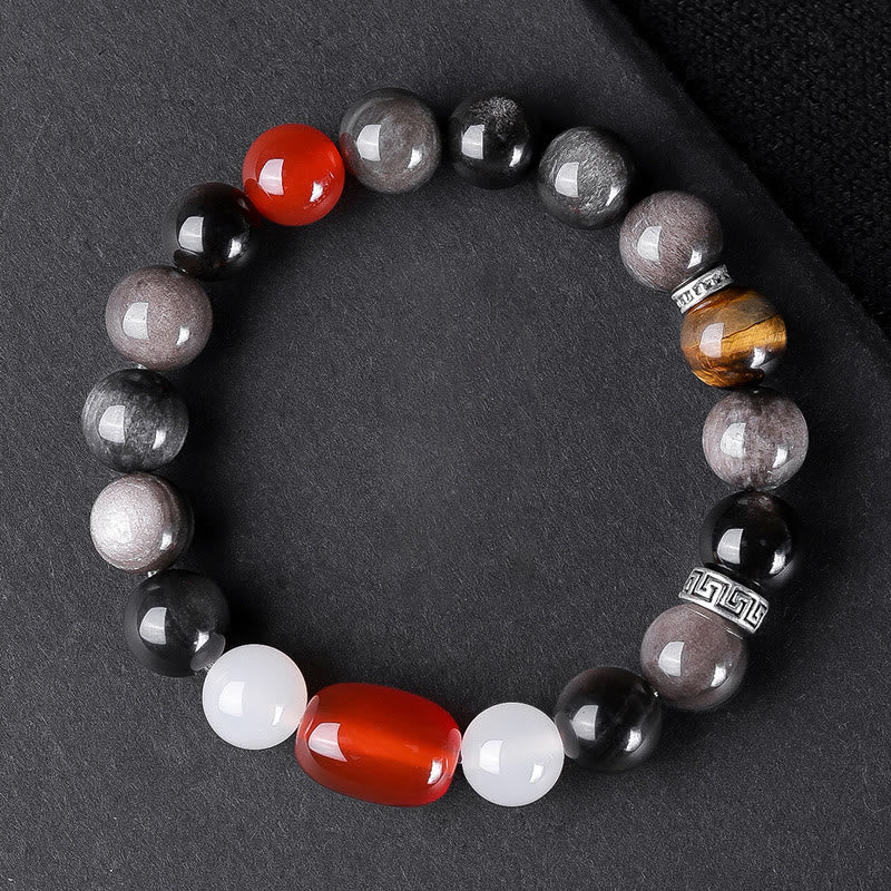10mm Silver Sheen Obsidian Tiger Eye Om Mani Padme Hum Bracelet
