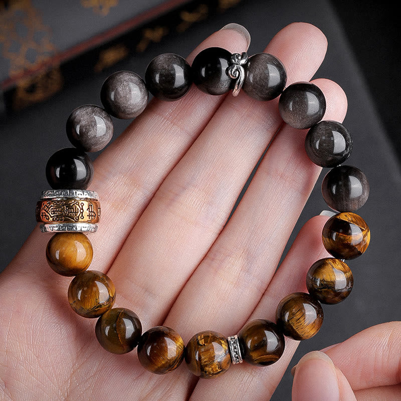10mm Silver Sheen Obsidian Tiger Eye Om Mani Padme Hum Bracelet