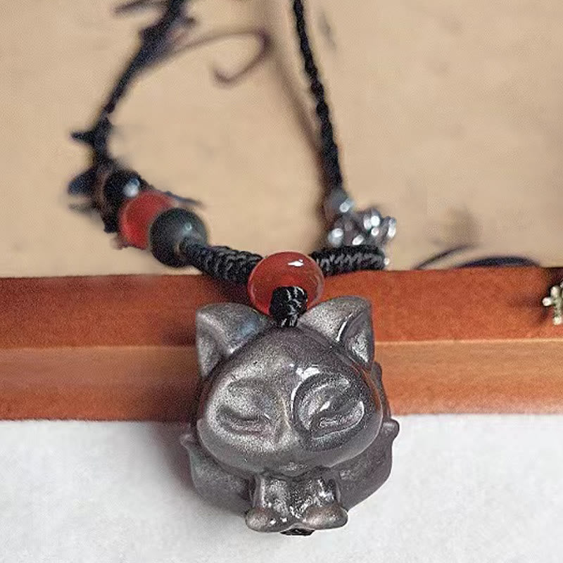 Silver Sheen Obsidian Nine Tailed Fox Protection Necklace