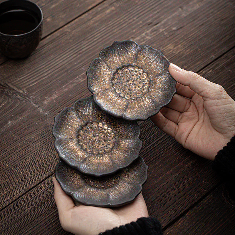 Vintage Lotus Flower Ceramic Tea Mat 9.8cm Brown | Zen Decor