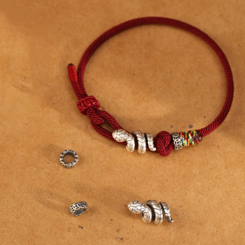 Dark Red 14-17cm Sterling Silver Snake Coin Red String Bracelet