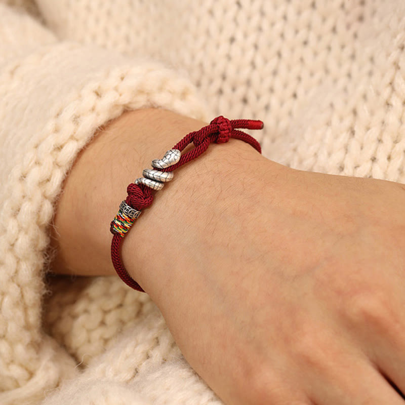 Dark Red 14-17cm Sterling Silver Snake Coin Red String Bracelet