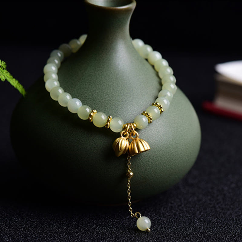 6mm Hetian Jade Lotus Luck Bracelet for Women