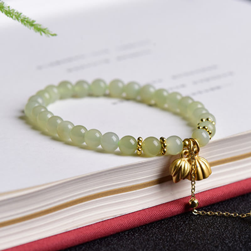 6mm Hetian Jade Lotus Luck Bracelet for Women