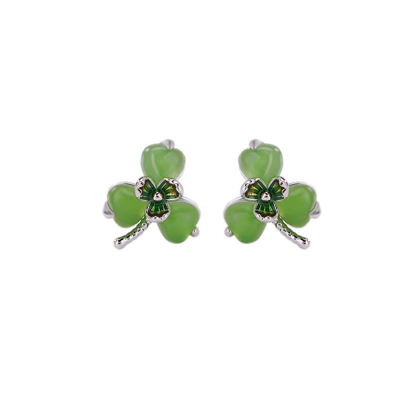 Hetian Jade Shamrock Luck Earrings in Silver