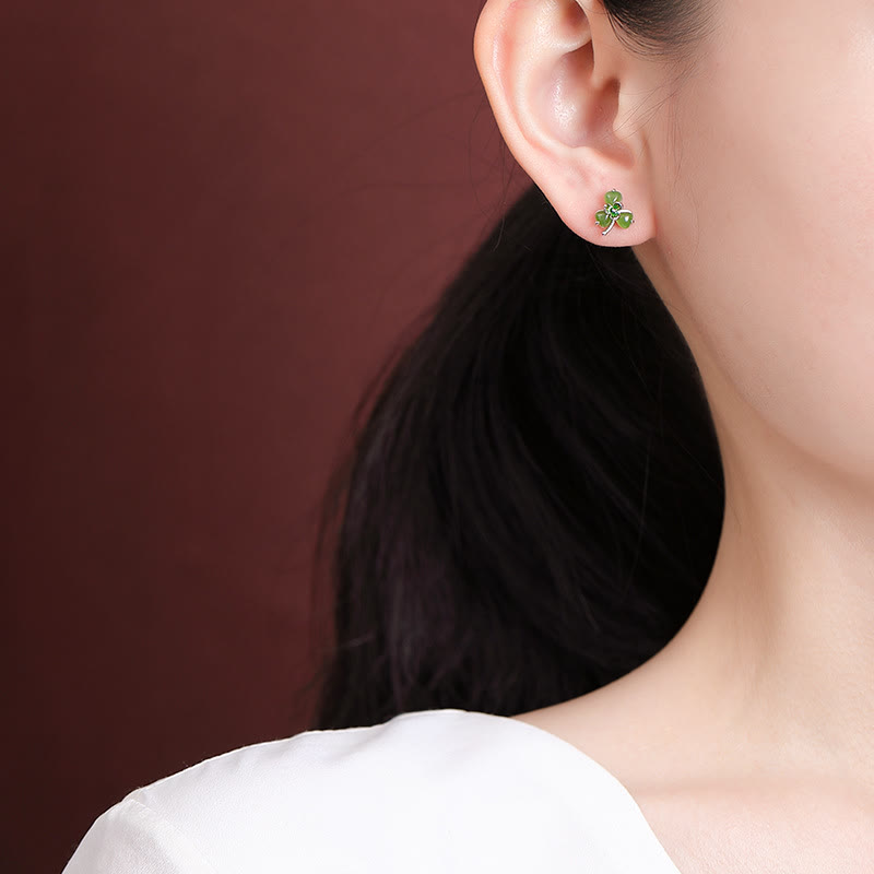 Hetian Jade Shamrock Luck Earrings in Silver