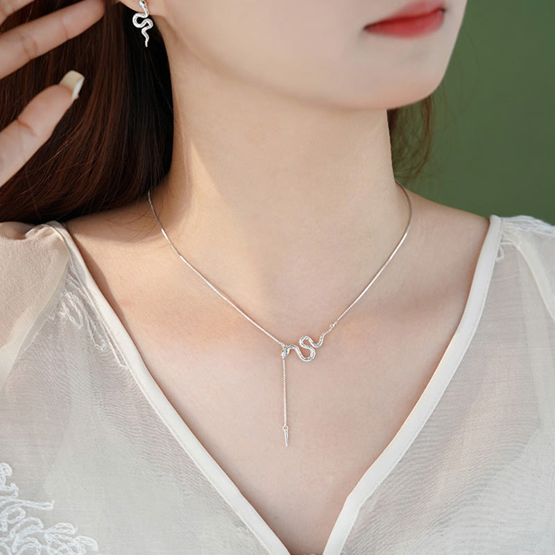 925 Sterling Silver Snake Balance Necklace Pendant Earrings Set
