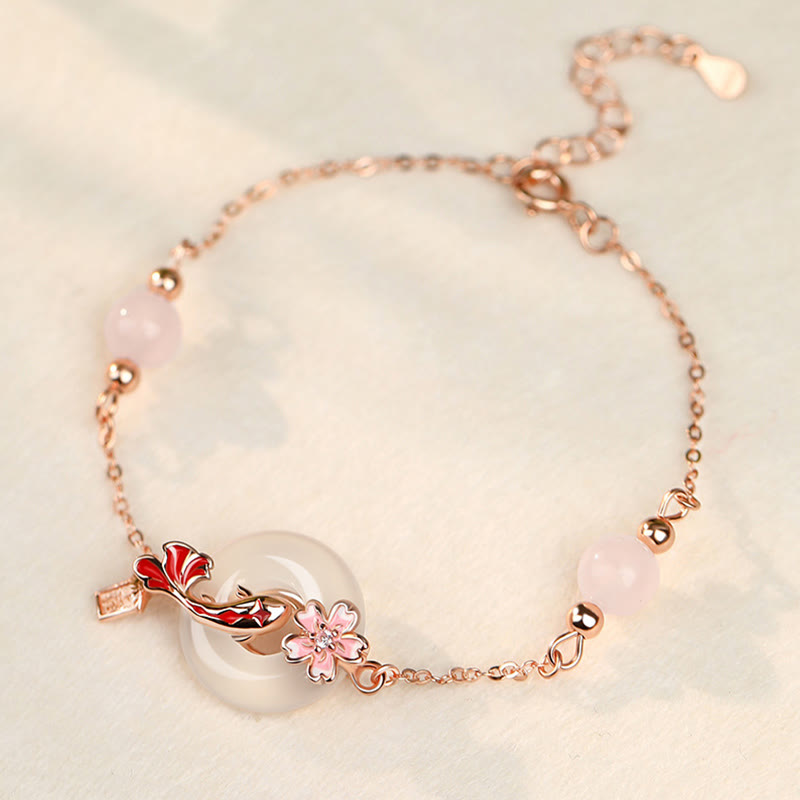 Pink Chalcedony Sterling Silver Koi Fish Peace Bracelet